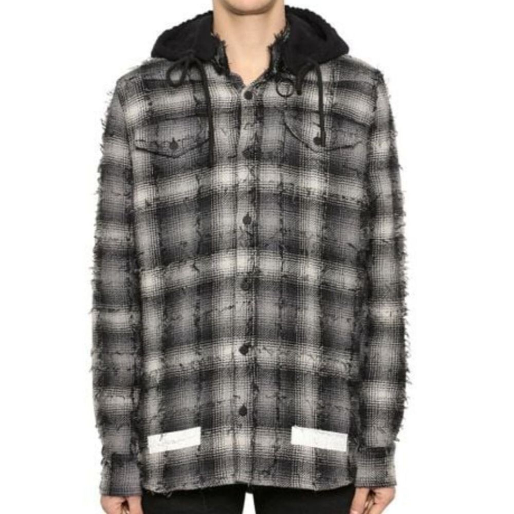 Off-White c/o Virgil Abloh Men's Plaid Flannel Hooded Shirt W/ Stripes Size S